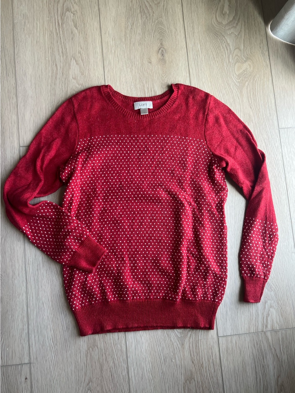LOFT Red Crewneck Sweater with white hearts Accents